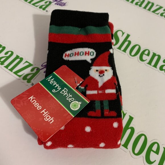 Ugly Christmas Socks Merry Brite Knee High Santa Elf Red Black Shoe Size 4-10 - Picture 1 of 2